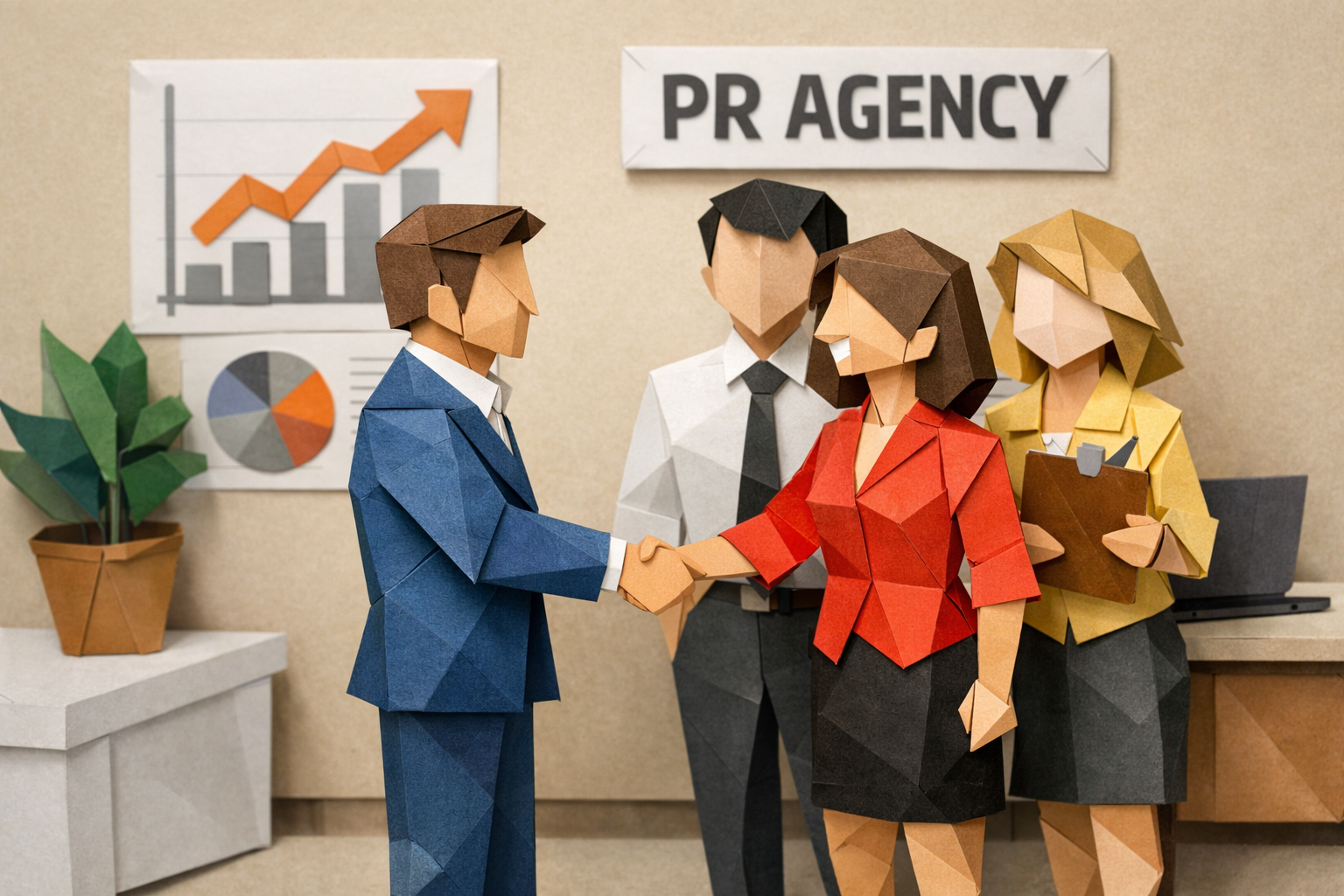 New Client Shaking Hands with PR Team in Origami Style