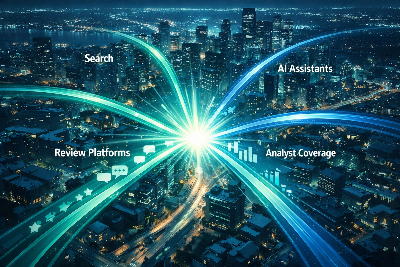 Nighttime City View with Glowing Pathways Converging on Central Hub