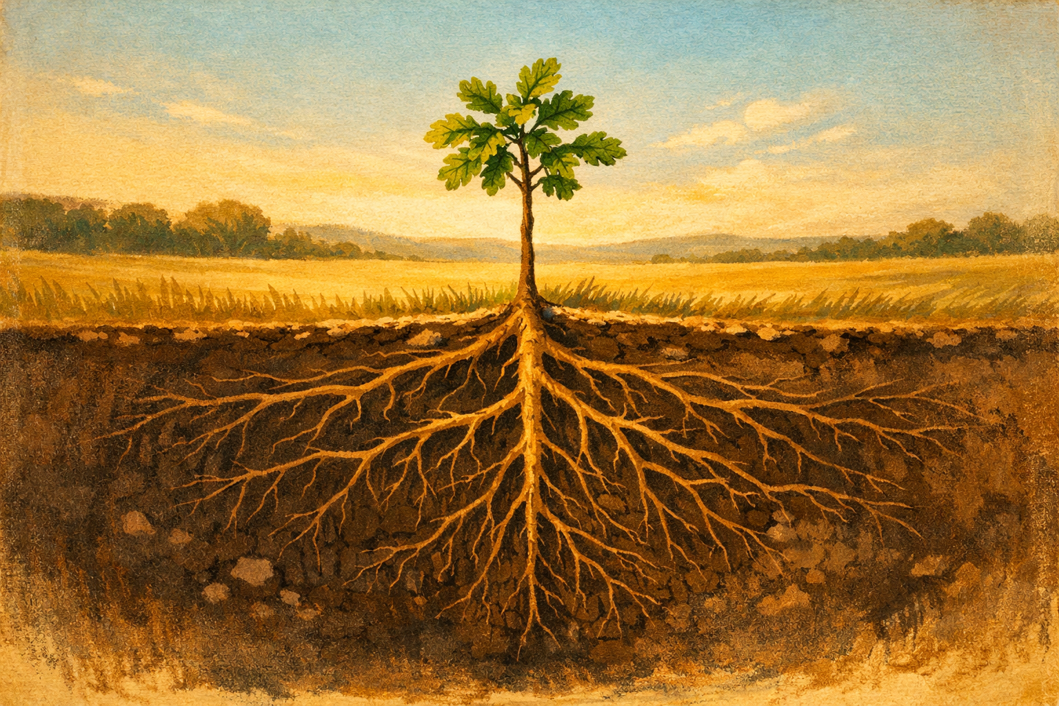 Oak Sapling Roots In Earth Cross Section