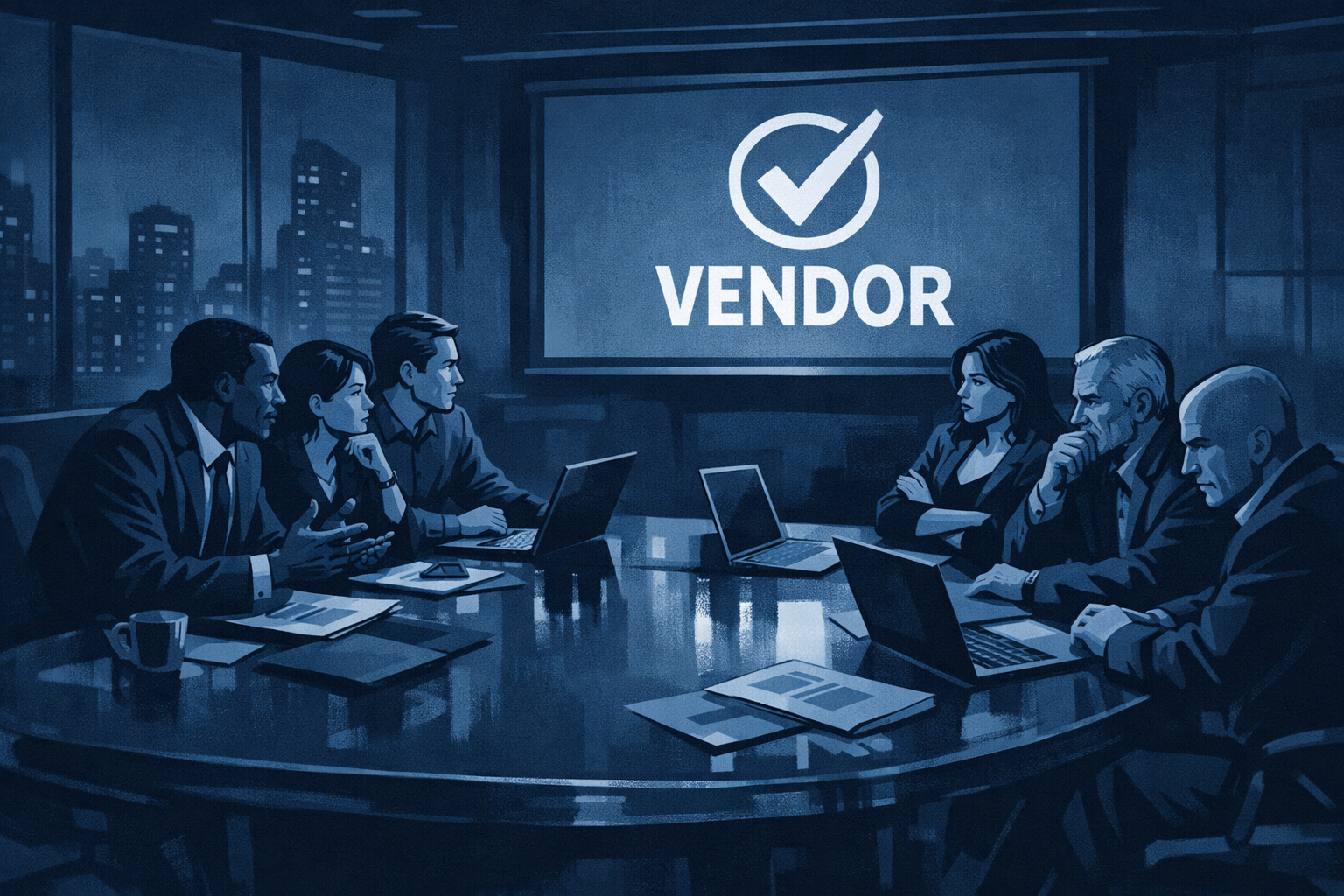 Professionals Discussing Vendor Presentation in Dark Blue Editorial Illustration
