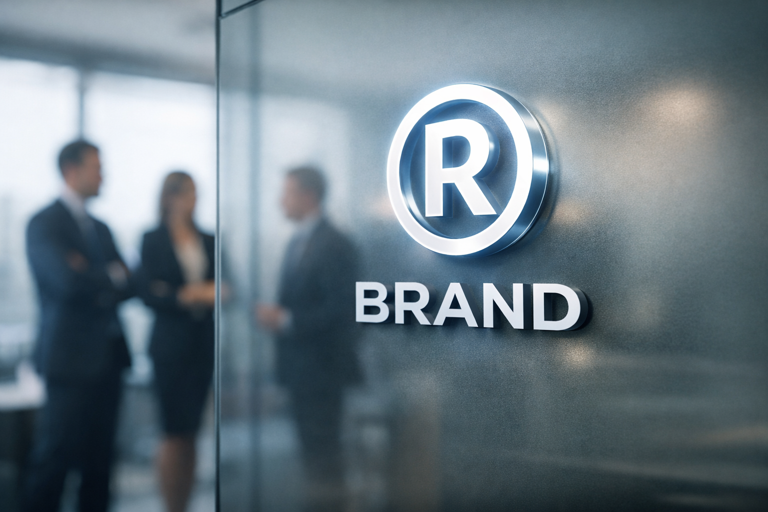 Registered Trademark Floating Above Brand Logo in Modern Office-1