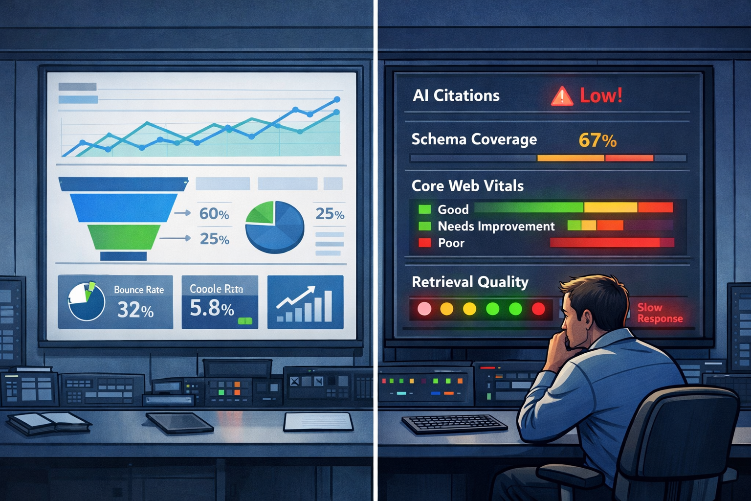 Split Screen B2B Website Comparison  Architectural Cross Section Building Infras-1