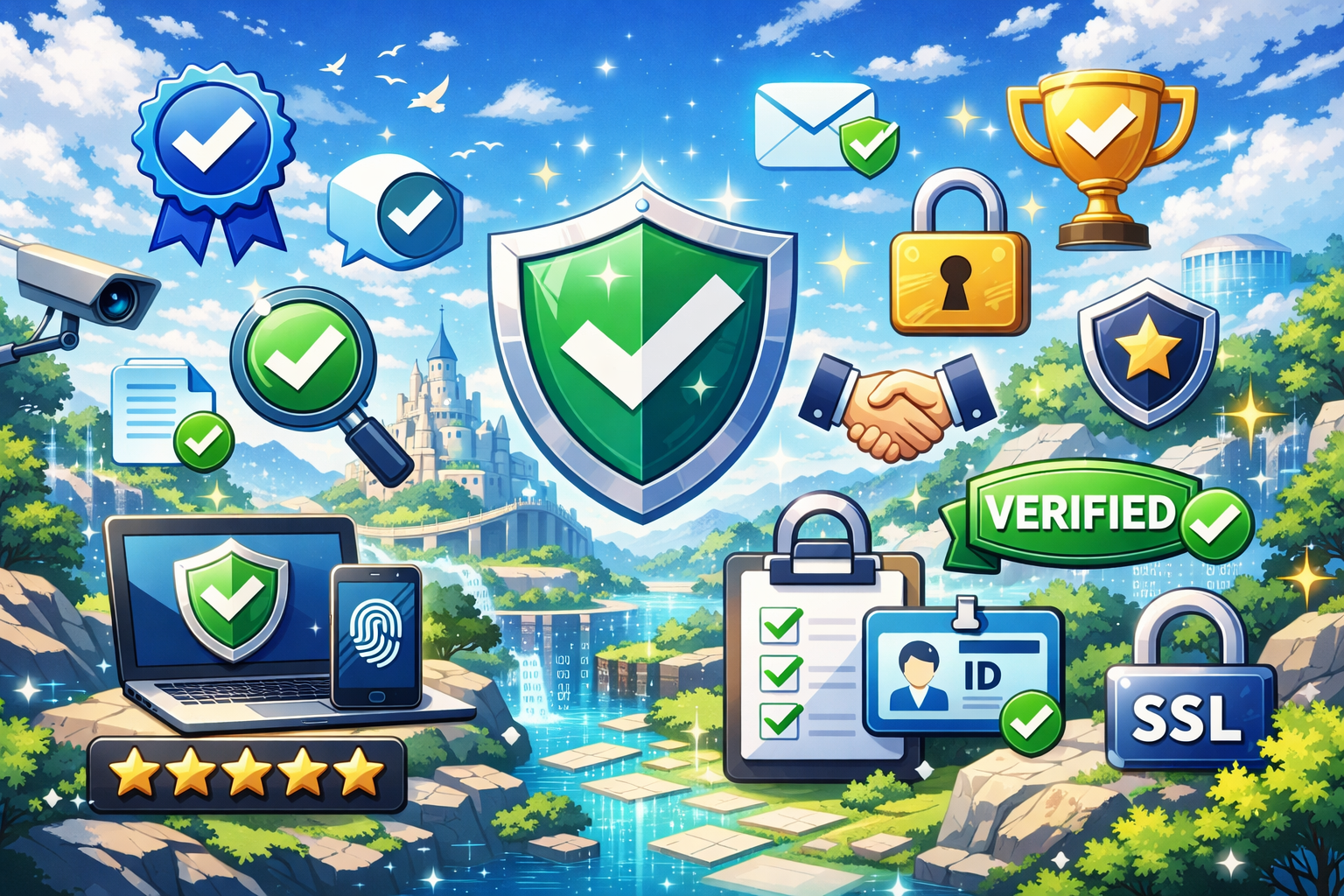 Vibrant Digital Landscape With Trust Signals As Icons And Symbols-1