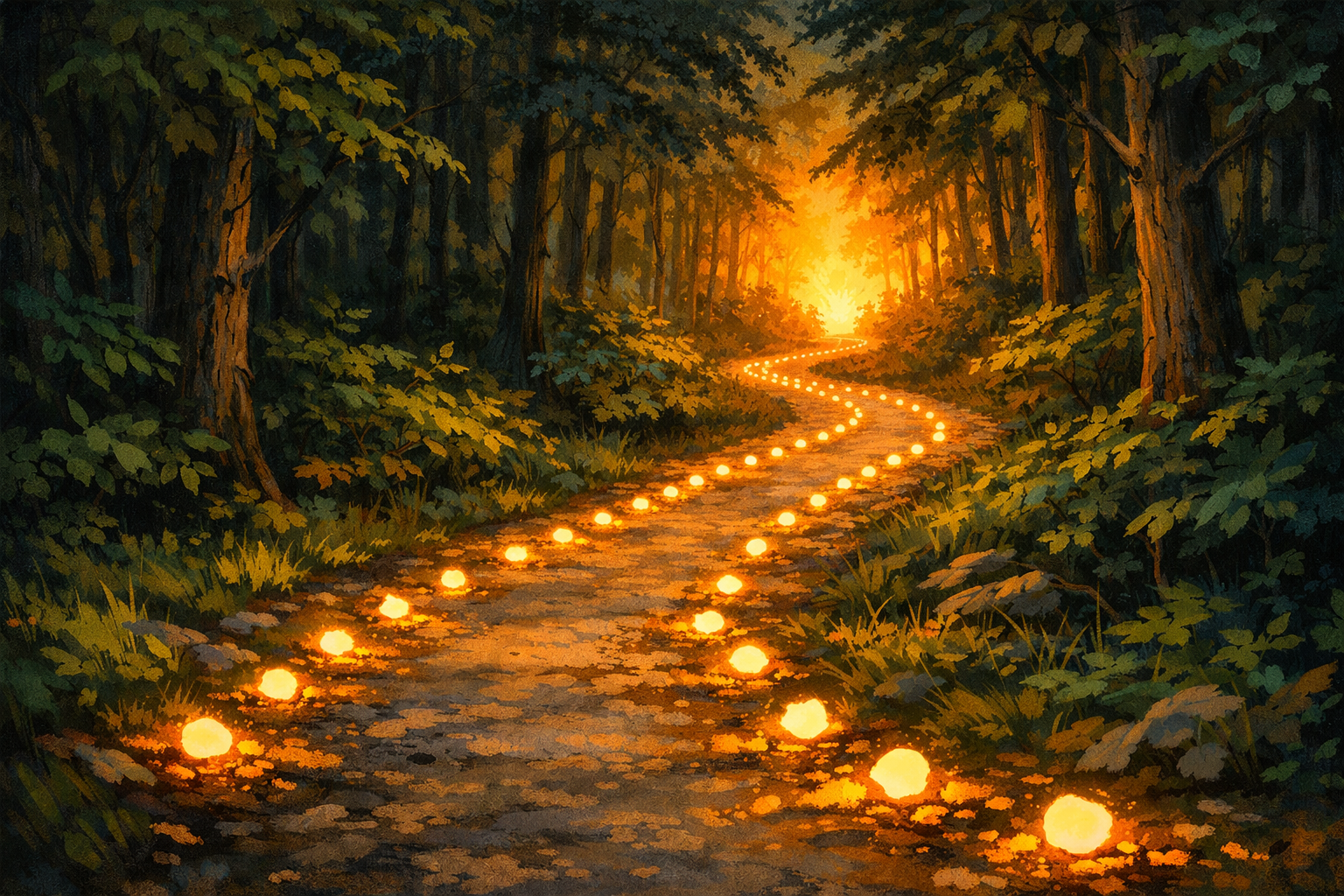 Winding Forest Path Dusk Glowing Breadcrumbs Trail