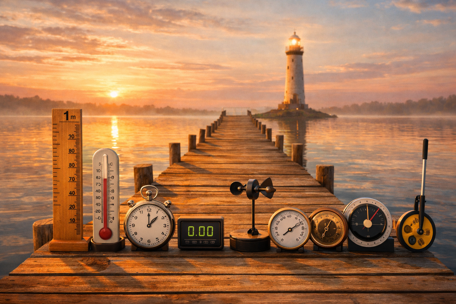 Wooden Dock with Instruments and Lighthouse at Dawn-1