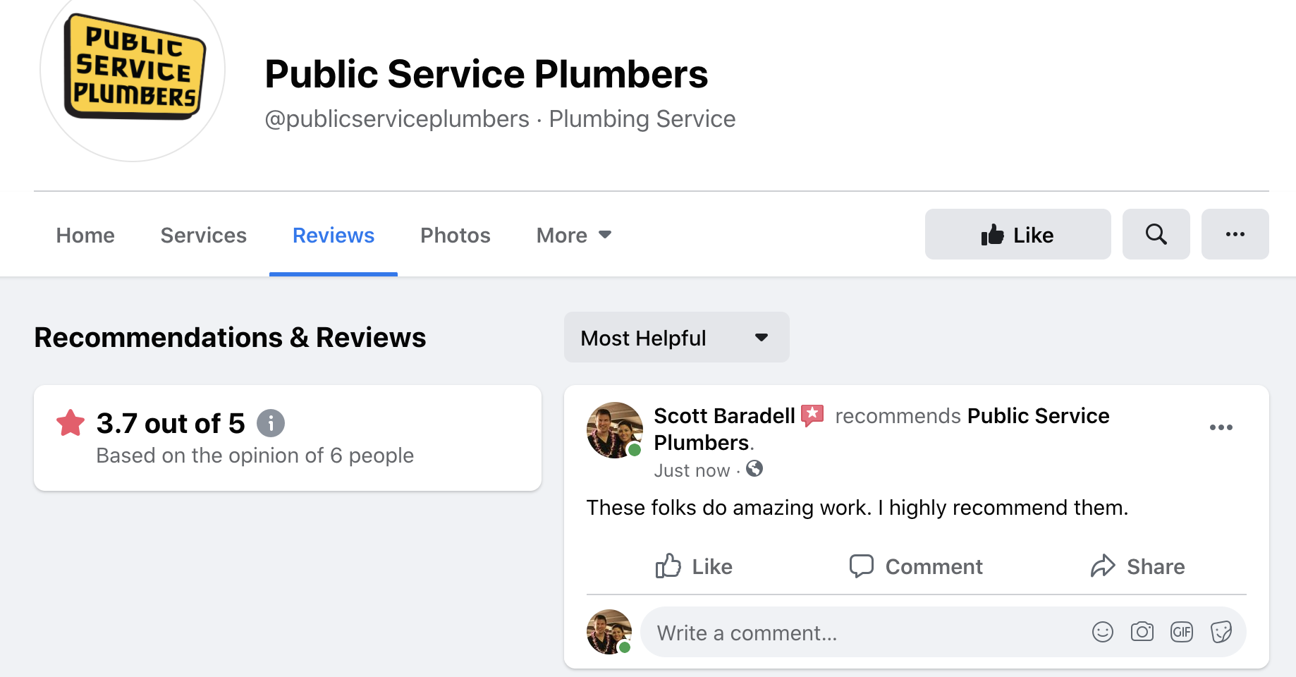 public service plumbers facebook star ratings example