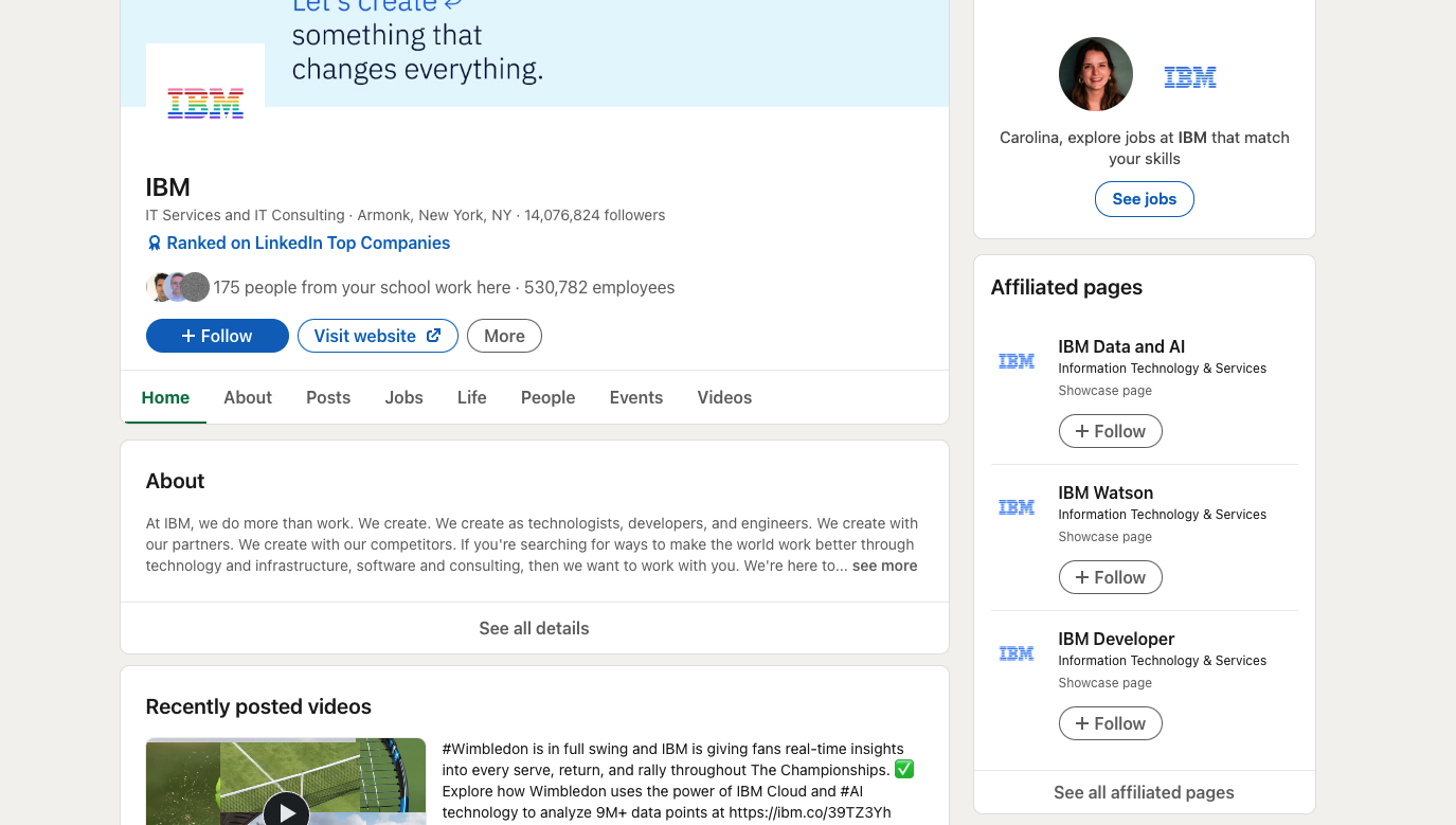 Screenshot of the IBM LinkedIn page