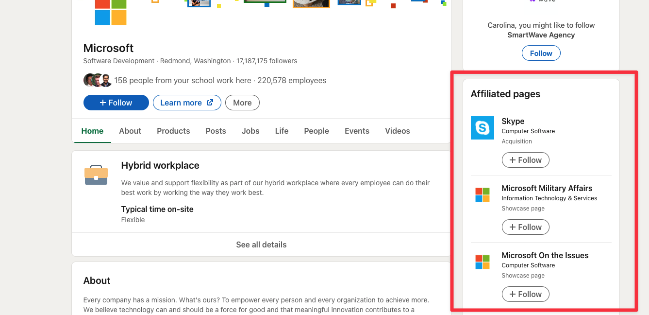Screenshot showing Affiliated pages on LinkedIn