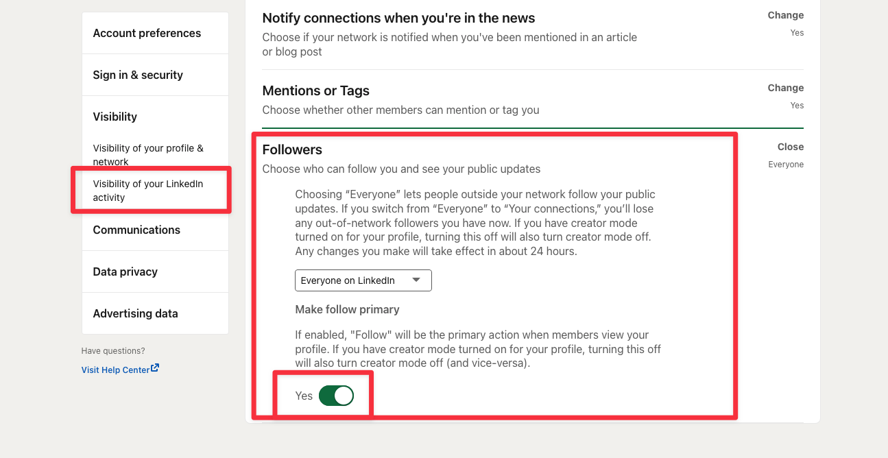 Image showing a screenshot of how to turn on "follow" as the default profile option on LinkedIn
